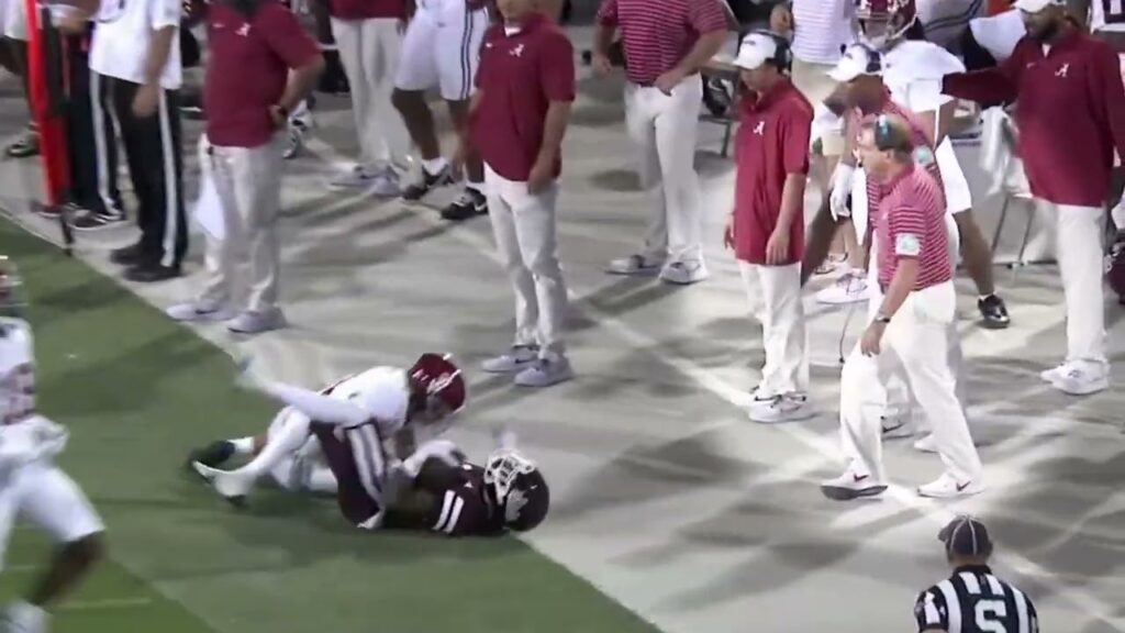 alabama kicker conor talty makes big tackle on kickoff return vs miss st nick saban is not amused