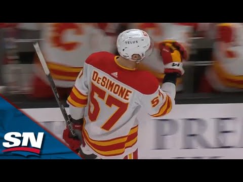 flames nick desimone blasts point shot to score first nhl goal