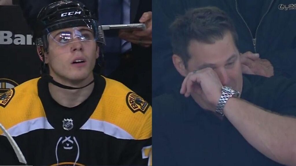 jake debrusk scores first nhl goal father louie gets emotional watching in stands