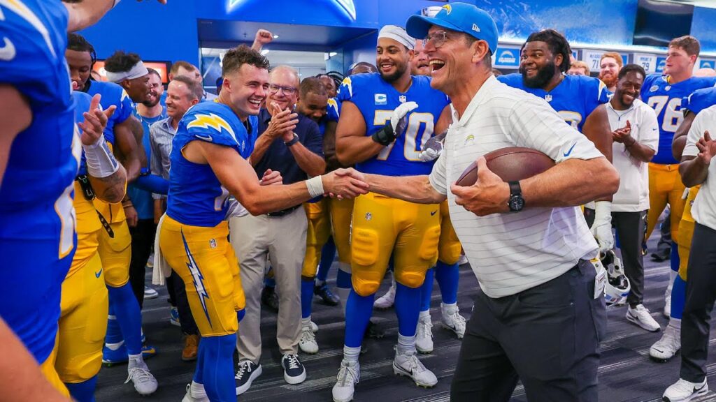 jim harbaugh locker room victory speech vs raiders la chargers