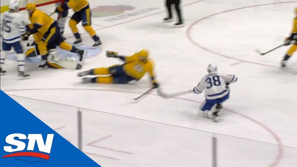 rasmus sandin jumps on loose puck to score first career nhl goal