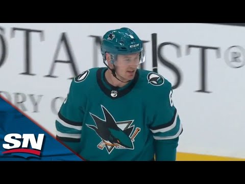 sharks rookie ty emberson fires home a one timer for his first career nhl goal