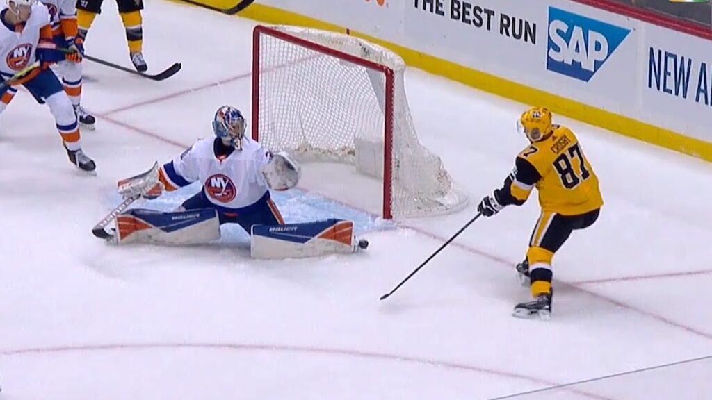 sorokin uses the skate blade to deny crosby