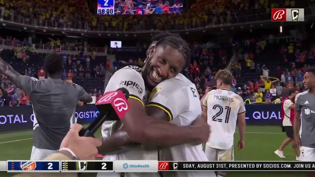 steven moreira embraced by columbus crew teammates after game tying and first mls goal