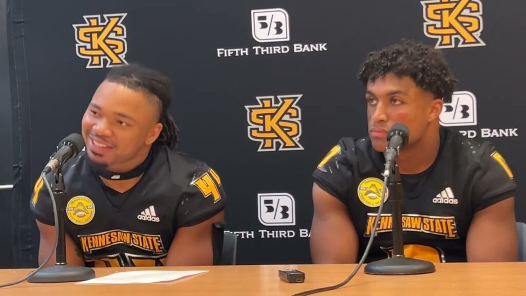 kennesaw state football players baron hopson and michael benefield address the media on 10 7 23