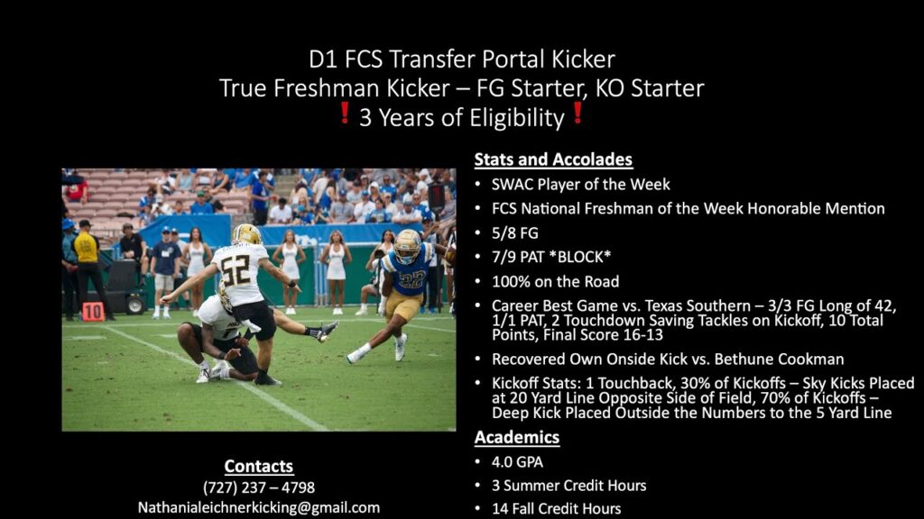 nathanial eichner d1 fcs transfer portal kicker true freshman starting fg ko specialist