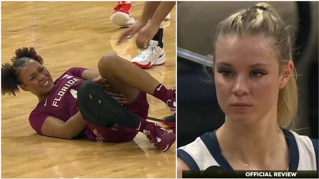 player kicked after trying to trip opponent with her legs then waves goodbye to her after ejection