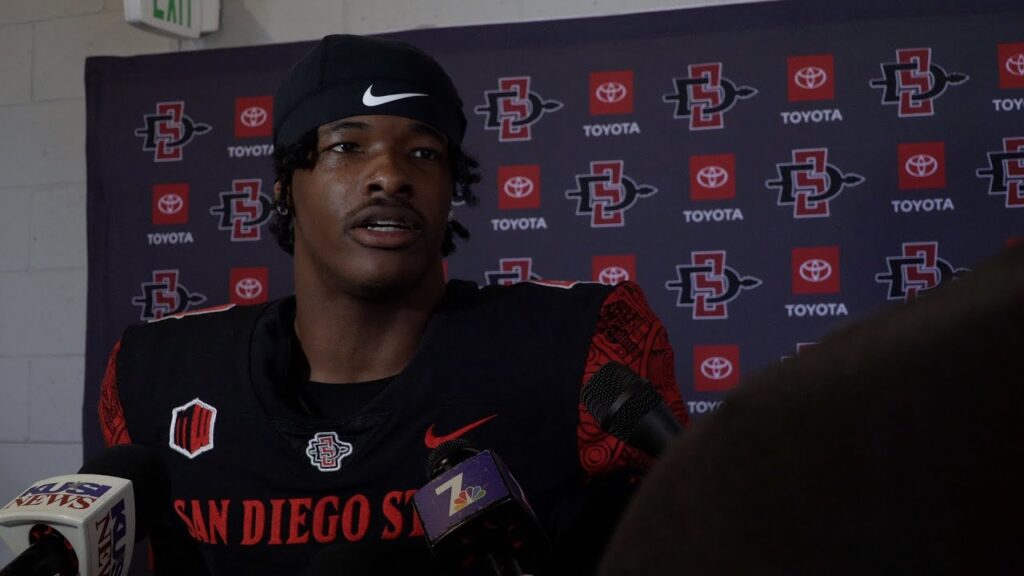 sdsu football players louis brown iv dalesean staley after aztec fast spring game