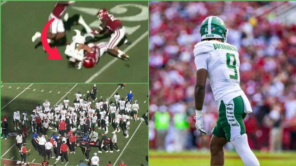 uab wr brandon buckhaulter takes scary hit to head without helmet vs arkansas stretchered off field